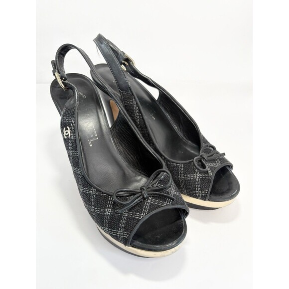 Chanel Black Checkered Embroidered Canvas Peep Toe Platform Slingbacks Sz EU 35C - Picture 3 of 16